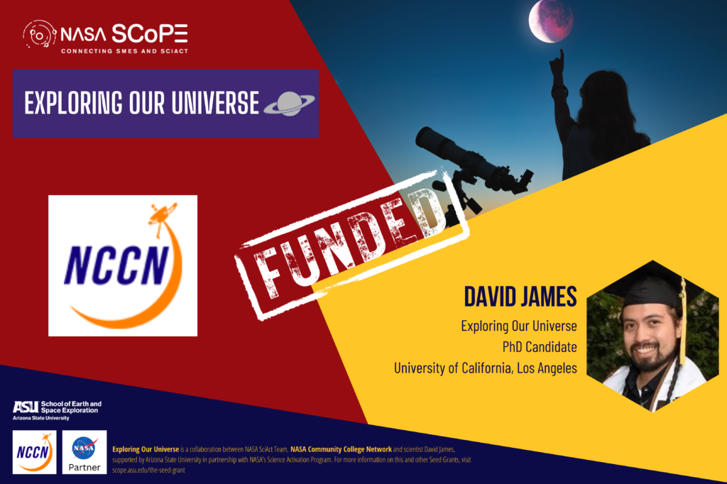 The image is an announcement for a funded project titled "Exploring Our Universe”. It highlights that the project is focused on hosting a community college event to promote STEM degree pathways. The image features logos from NASA SCoPE (Connecting SMEs and SciAct),NASA’s Universe of Learning, Arizona State University School of Earth and Space Exploration, and NASA Partner. It mentions David James and Valeria Jaramillo, PhD candidates from the University of California, Los Angeles, as the leads on this project. There is a picture of an astronomer using a telescope to view outer space. The word "FUNDED" is prominently stamped across the image.